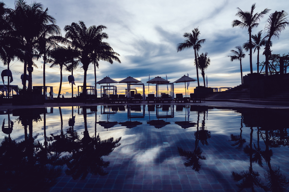 Resort pool at sunset